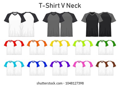 T-Shirt v neck color collection set for your design , mockup advertising , blank for printing , vector illustration , white black grey red orange yellow green blue purple pink brown color