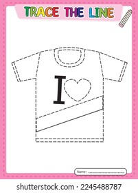 Camiseta. Día de San Valentín. Hoja de cálculo de línea de seguimiento para niños. Juegos educativos. Libro de actividades. Imprimible.