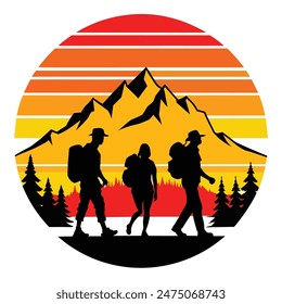 T-Shirt Vector Design. T-shirt black silhouette hiking vent colorful. 