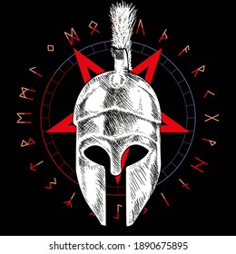 T-shirt vector design of a corinthian helmet over an inverted star and runic characters isolated on black. Poster