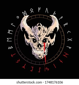 T-shirt vector design of a diabolic skull with horns over an inverted star and runic characters isolated on black. Poster