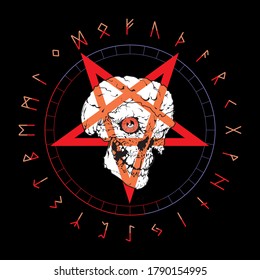 T-shirt vector design of a diabolic skull over an inverted star and runic characters isolated on black. Poster
