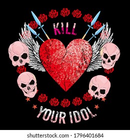 T-Shirt, Vektordesign eines roten Herzens mit weißen Flügeln in einem Kreis von rosa Schädel einzeln auf Schwarz.
