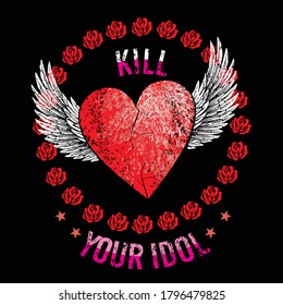 Diseño vectorial de camisetas de un corazón rojo con alas blancas en un círculo de rosas aisladas en negro