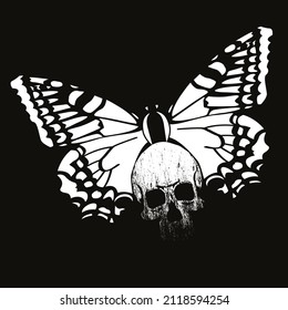 T-shirt vector design of a skull with a butterfly isolated on black. Poster	