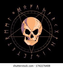 T-shirt vector design of a skull over an inverted star and runic characters isolated on black