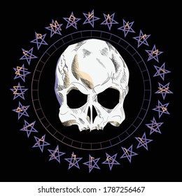 T-shirt vector design of a skull over an inverted star and runic characters isolated on black	
