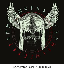 T-shirt vector design of a skull with winged helmet and runic characters isolated on black. Poster	