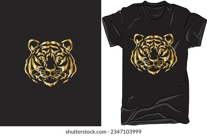 T-Shirt Vector Design in Tiger Head, Golden Tiger Head Design, Black Background, Tiger Head