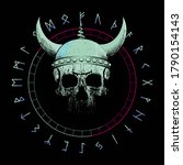 T-shirt vector design of a viking skull with horns over an inverted star and runic characters isolated on black. Poster