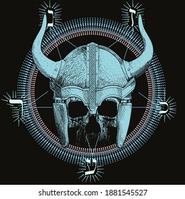 T-shirt vector design of a viking skull with horns over an inverted star and runic characters isolated on black. Poster	