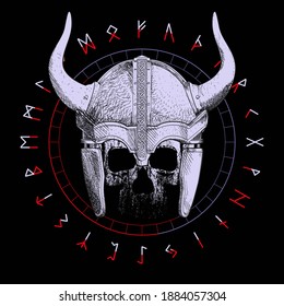 T-shirt vector design of a viking skull with horns over an inverted star and runic characters isolated on black. Poster	
