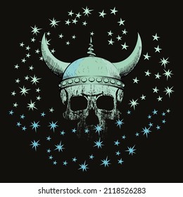 T-shirt vector design of a viking skull with horns and stars isolated on black. Poster	