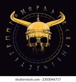 T-shirt vector design of a viking skull with horns over an inverted star and runic characters isolated on black. Poster