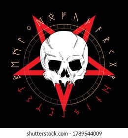 T-shirt vector design of a white skull over an red inverted star and runic characters isolated on black. Skull drawing for poster or t-shirt.