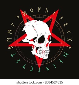 T-shirt vector design of a white skull over an red inverted star and runic characters isolated on black. Skull drawing for poster or t-shirt.	
