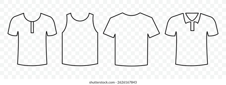 Ícone do vetor da camiseta. Coleção de camiseta. Símbolo de sinal de estilo linear. Vetor de vestuário unissexo. Ícone da camisa. Ilustração vetorial.