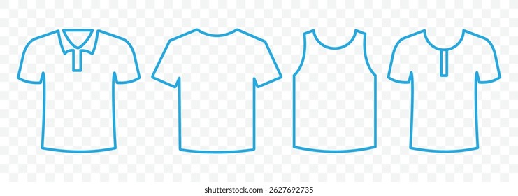 Conjunto de ícones de vetor de camiseta. Sinal do logotipo da roupa. Ícone da camiseta esportiva. Botão de armazenamento na Web. 