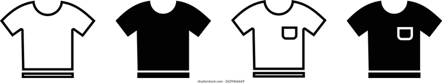 T-shirt vector icon set. Clothing symbol.  set of four black and white t-shirt  with different shapes
