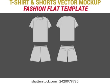 T-shirt Vector Mockup Template T Shirt Apparel Mockup Fashion Flat Vector Mockup Template Shorts Fashion Technical Illustration Tee with Shorts Vector Illustration CAD Mockup