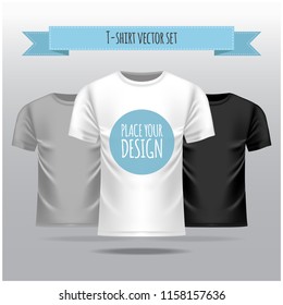 T-shirt vector set. White, grey, black template, front view. Vector realistic mock up for your design