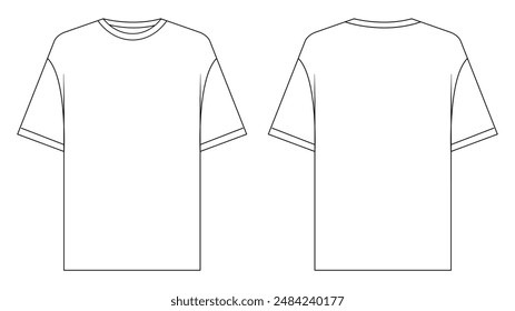 Plantilla de Vector de camiseta (frontal y posterior) maqueta aislada sobre fondo blanco. Plantilla de dibujo técnico plano. Ilustración unisex de la camiseta, ajuste relajado, vista frontal y posterior colorida, blanco, 