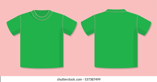T-Shirt Vector Template with Front and Back View of the Unisex Blank Garment Design - Green Elements on Pink Background - Flat Graphic Style