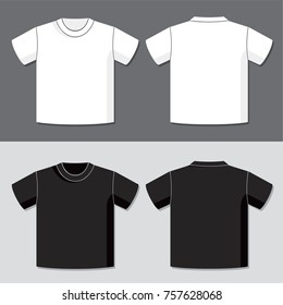 T-Shirt Vector Template with Front and Back View of Black and White Unisex Garments - Contrast Elements on Dark and Light Grey Background - Flat Graphic Design