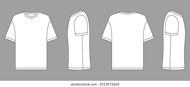 T-shirt modelo vetor configurar mock up. modelo de desenho de linha técnica plana. Ilustração de T-Shirt Unisex, frente colorida e vista de trás, branco. Camiseta Mock-up Frente e verso.
