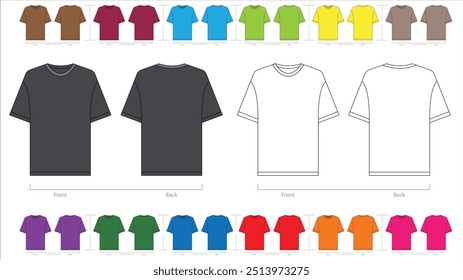 T-shirt vector template set mock up. flat technical line drawing template. Unisex T-Shirt illustration, colorful front and back view, white. T-shirt Mock-up Front and back.
