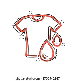 T-shirt washing icon in comic style. Clothes dry cartoon vector illustration on white isolated background. Shirt laundry splash effect business concept.