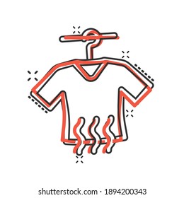 T-shirt washing icon in comic style. Clothes dry cartoon vector illustration on white isolated background. Shirt laundry splash effect business concept.