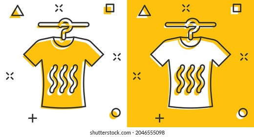 T-shirt washing icon in comic style. Clothes dry cartoon vector illustration on white isolated background. Shirt laundry splash effect business concept.