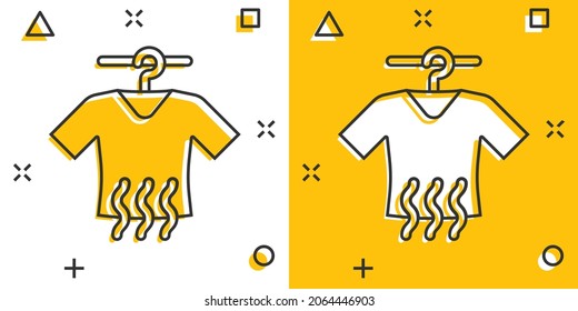 T-shirt washing icon in comic style. Clothes dry cartoon vector illustration on white isolated background. Shirt laundry splash effect business concept.
