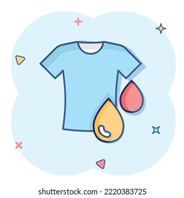T-shirt washing icon in comic style. Clothes dry cartoon vector illustration on white isolated background. Shirt laundry splash effect business concept.