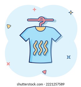 T-shirt washing icon in comic style. Clothes dry cartoon vector illustration on white isolated background. Shirt laundry splash effect business concept.