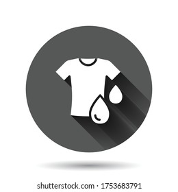 T-shirt washing icon in flat style. Clothes dry vector illustration on black round background with long shadow effect. Shirt laundry circle button business concept.