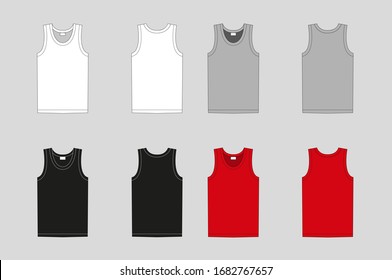 T-shirt without a sleeve. Clothing for women and men. Set of colored t-shirts without sleeves. Rear and front view. Basic casual clothing and sports. Vector illustration.