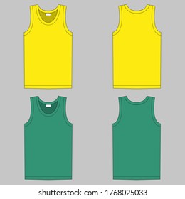 Camiseta sin manga. Ropa para mujeres y hombres. Juego de camisetas de colores sin mangas. Vistas trasera y delantera. Ropa informal básica y deportes. Ilustración vectorial.