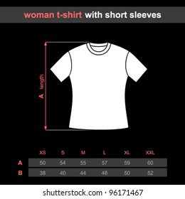 T-shirt woman with short sleeves. Table sizes shirt. Vector illustration.