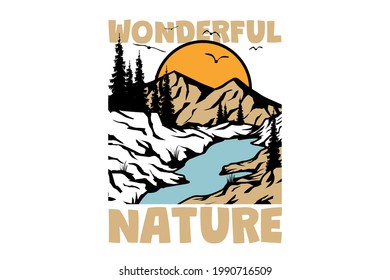 T-shirt wonderful nature pine tree mountain vintage style hand drawn