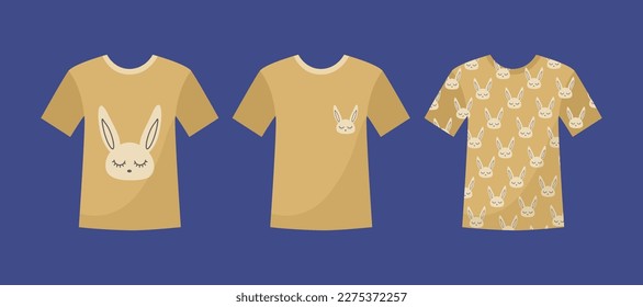 T-shirts with bunny print vector illustration set. Rabbit print on clothes and accessories on purple background. Cute pajamas design idea. Fashion, style, trend, China, animal concept