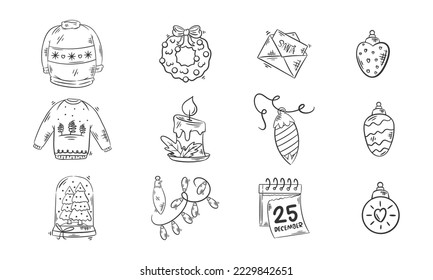 T-shirts and Christmas icons hand drawn for coloring
