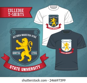 T-shirts decorative icons set with college university golden lion labels vector illustration