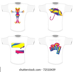 T-shirts with drawings of frogs, umbrellas and signs