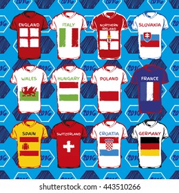T-shirts with flags. Hand drawn t-shirt with flag and football pattern. Set of flags.
