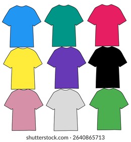 The t-shirts are green, yellow, red, black, pink, purple, and gray