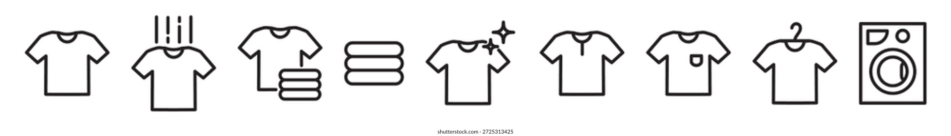 Conjunto de iconos de línea de camisetas, trazo editable aislado sobre fondo transparente. Icono de pila de camisetas cuidadosamente apiladas. Iconos de servicio de lavado, secado, planchado. Limpie los iconos lineales de la camisa.