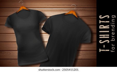 T-shirts for men and women poster sample for branding on wooden background. Vector illustration.