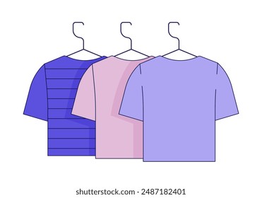 Camisetas en perchas 2D objeto de dibujos animados. Camisetas colgantes de elemento de Vector aislado fondo blanco. Compras informales de ropa. Tienda de ropa de moda. Ilustración de punto plano de color de ropa de armario